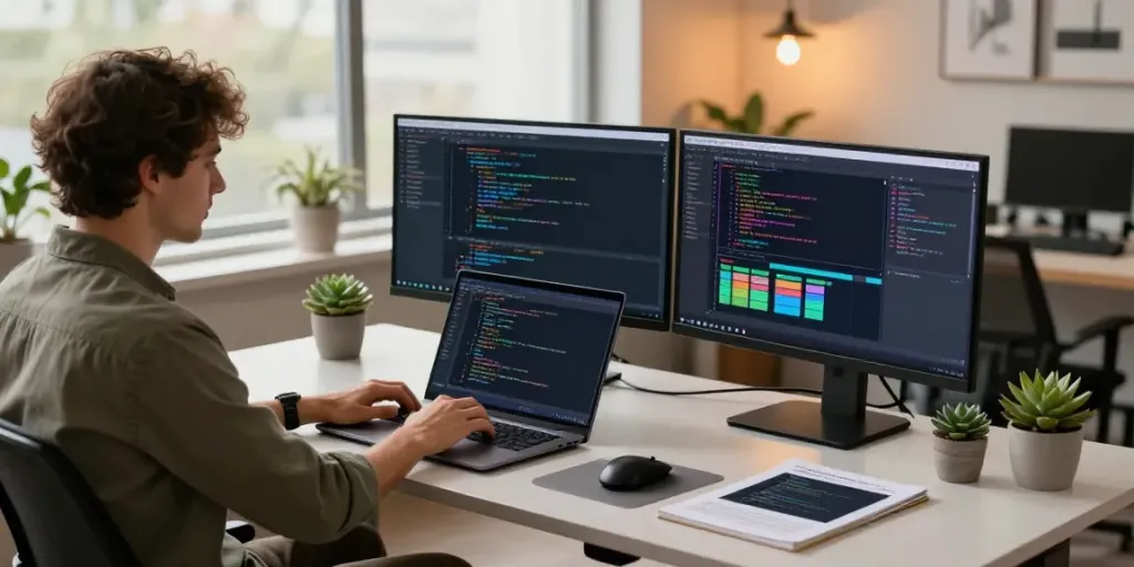 Developer at h5.2113.net coding in a modern workspace with multiple screens.