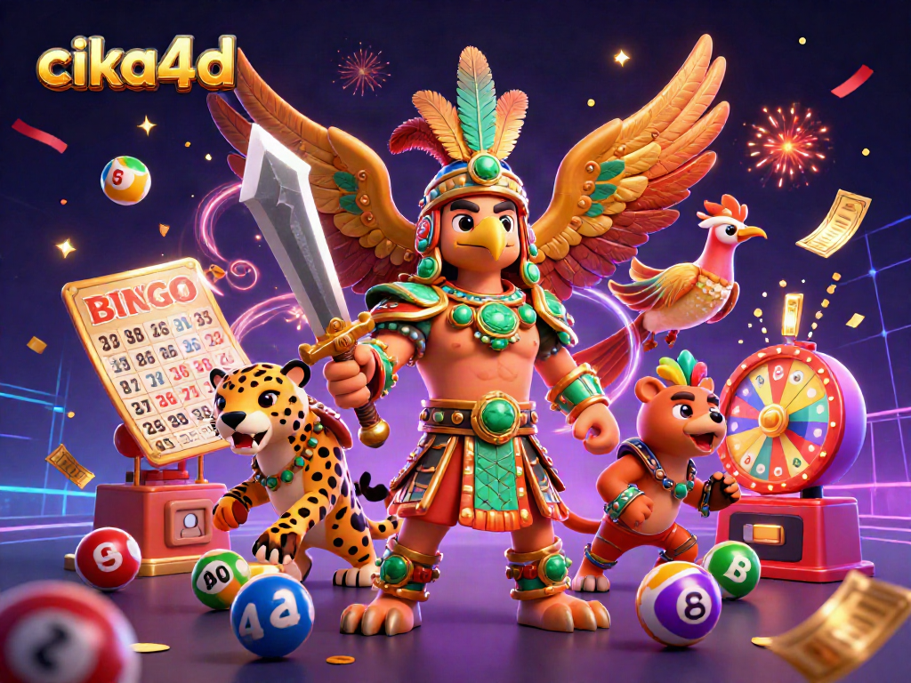 cika4d showcases an exciting 3D illustration of lottery elements and Aztec warriors in vibrant action.