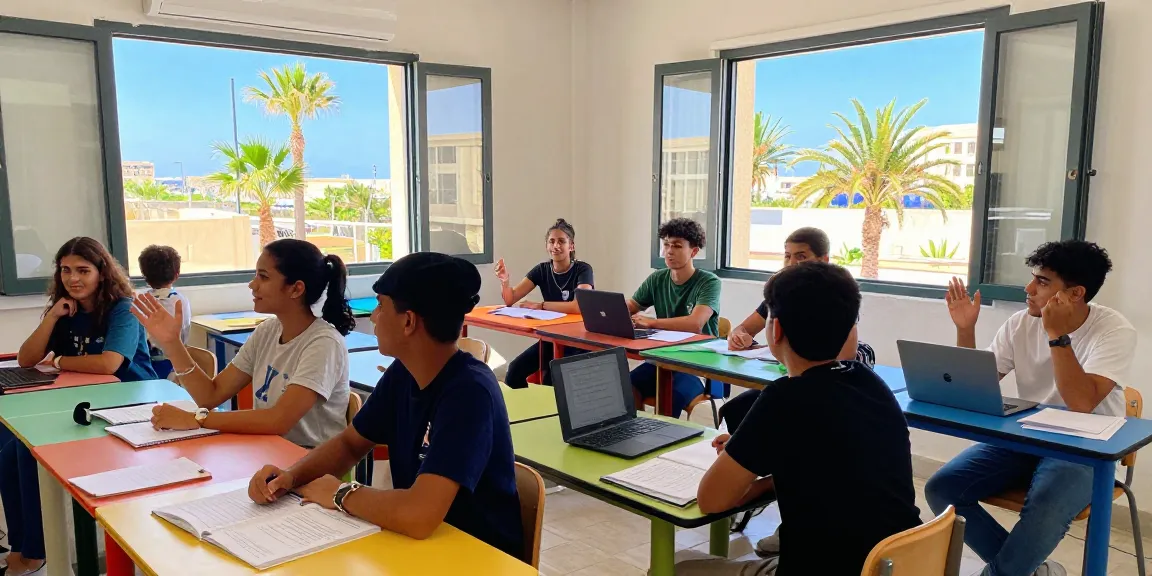 Studenti coinvolti in Corsi di inglese a Malta in un vivace ambiente di aula.