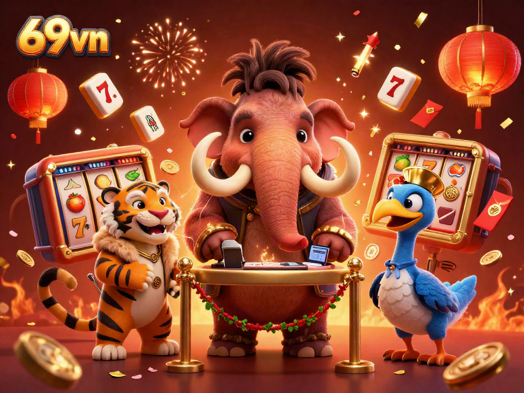 Experience 69vn with a vibrant illustration of a casino scene featuring a woolly mammoth bouncer, VIP tiger guest, and dodo doorman.