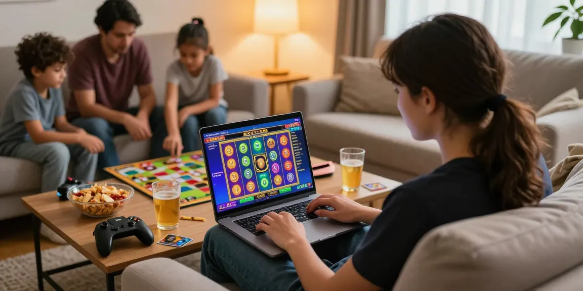 Engaging slot game experience in a cozy living room with snacks and family.
