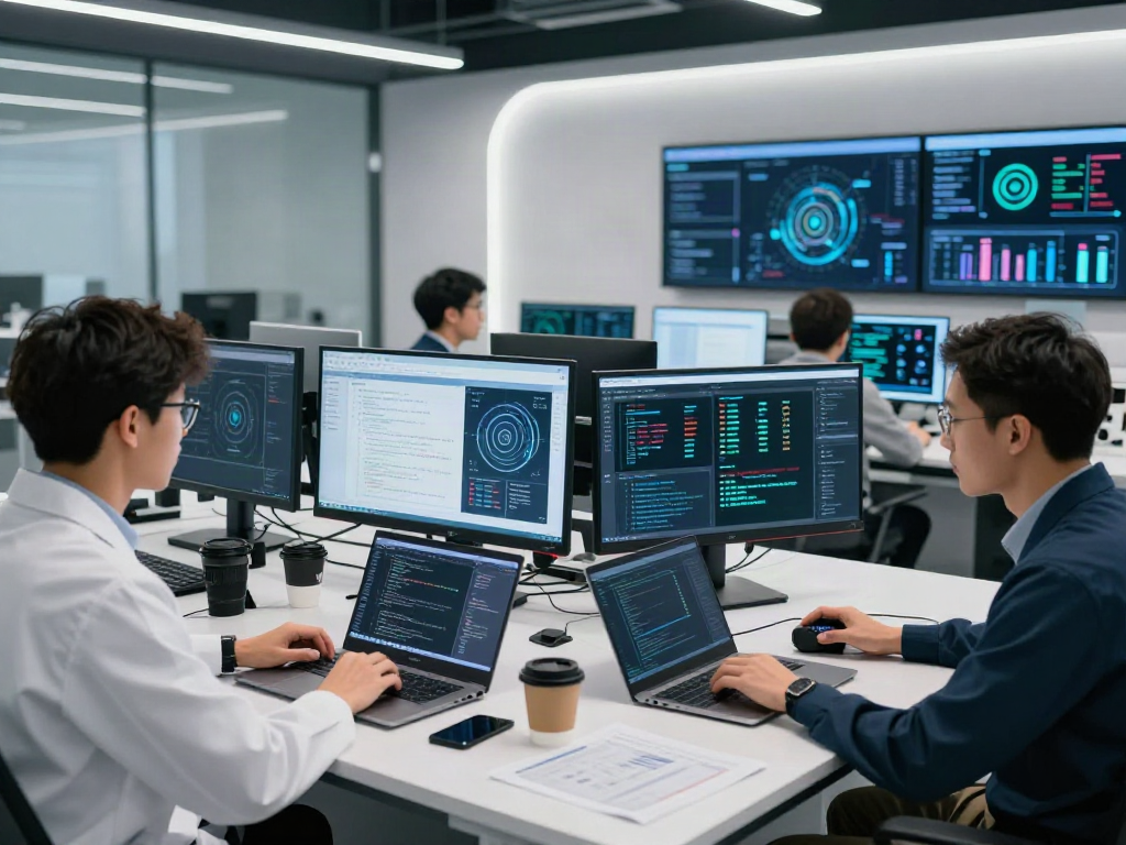 Engineer analyzing AI Detector results on high-res screen in tech lab.