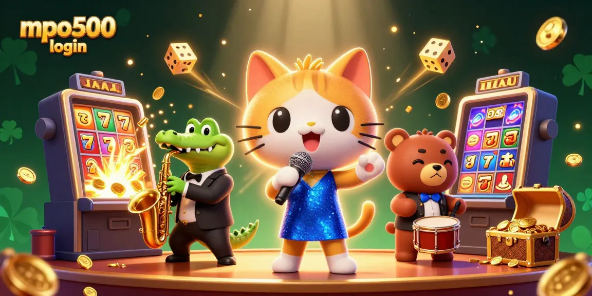 Play exciting games with mpo500 login in a vibrant casino scene filled with animated characters and dynamic visuals.