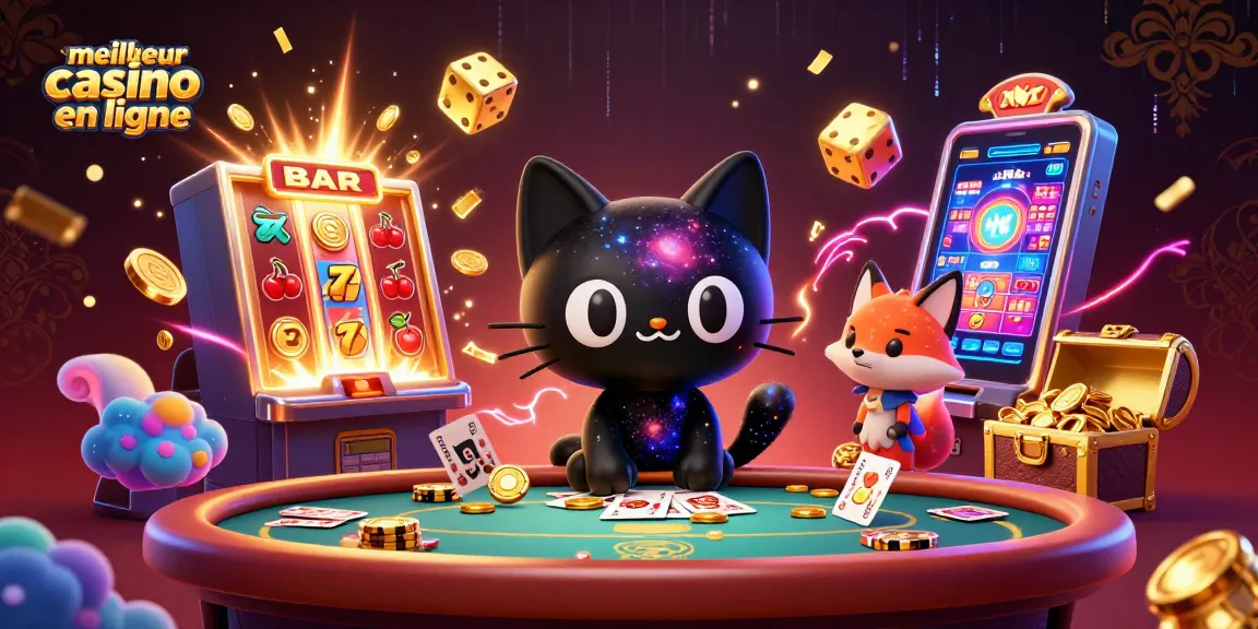 Plonger dans l'univers du meilleur casino en ligne avec un chat noir cosmique et un renard nébuleux autour de jeux d'argent.