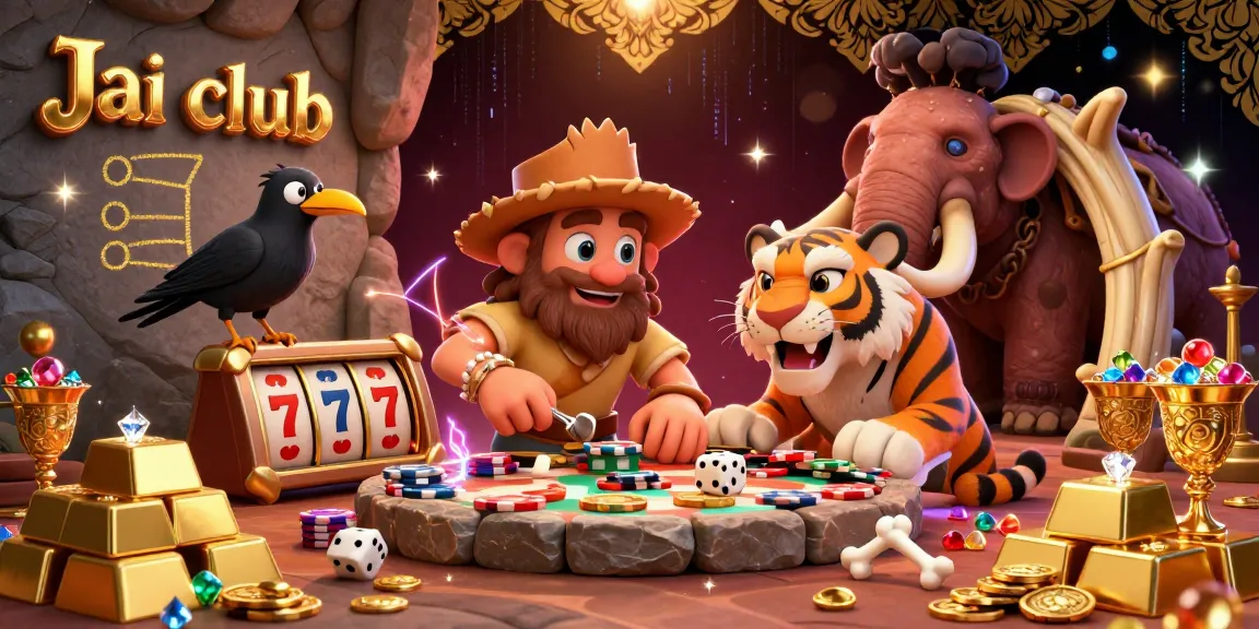 Experience thrilling action at Jai club’s prehistoric casino featuring a caveman, sabertooth tiger, and crow.