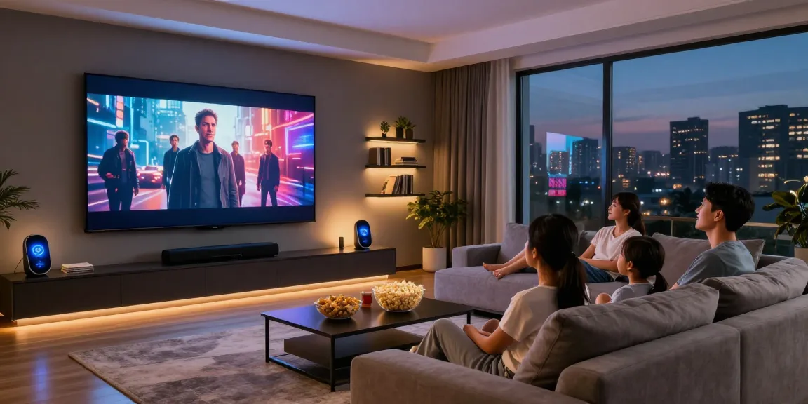 Family enjoying a movie night with rokok88 entertainment technology in a modern living room.