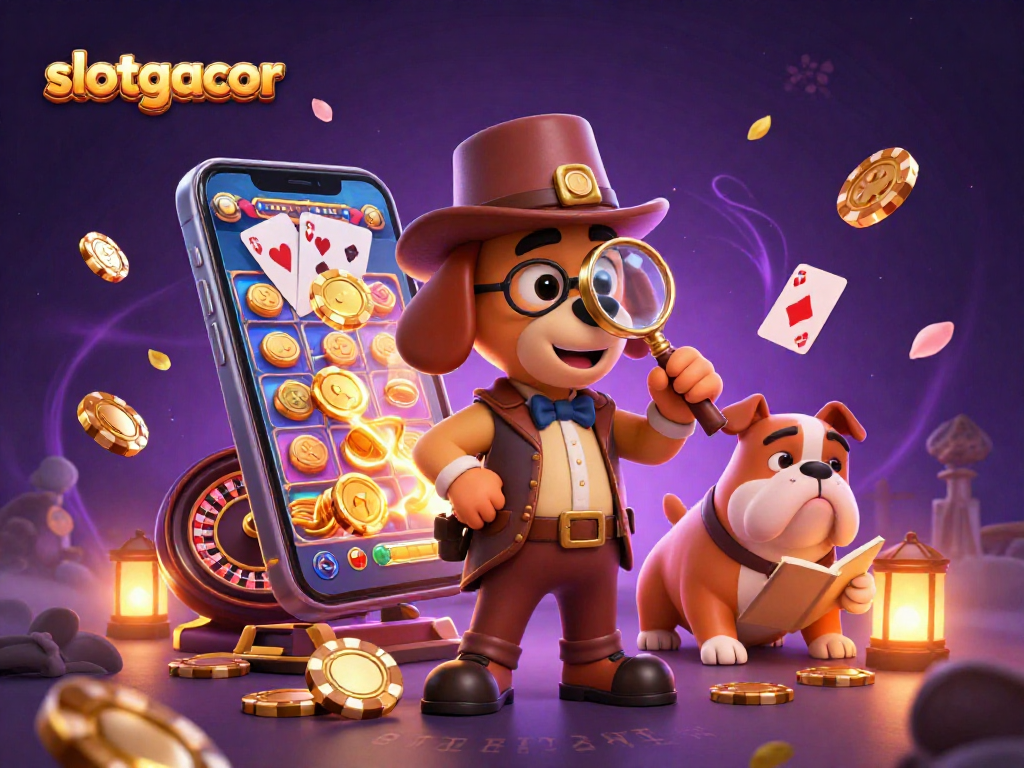 Engage with slotgacor excitement in a dynamic 3D casino scene featuring cartoon detective and gameplay elements.