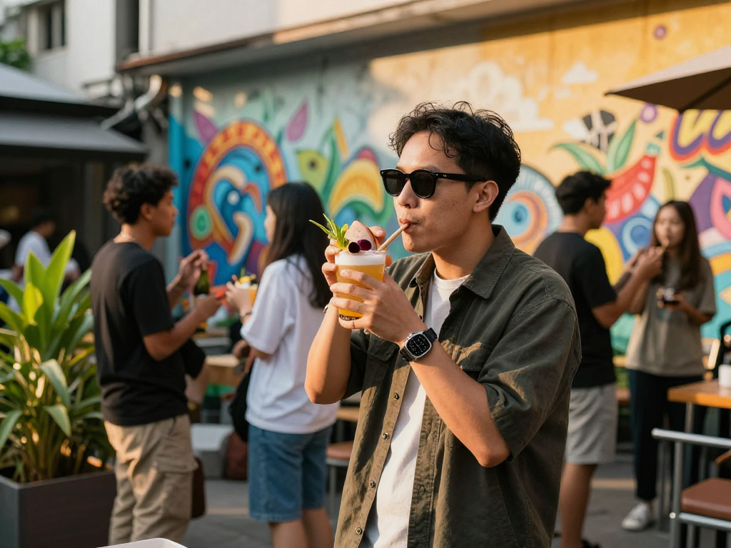 A stylish individual enjoying a vibrant rokok 88 drink at an outdoor gathering, surrounded by friends in an urban setting.
