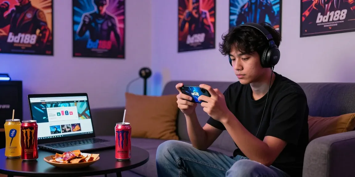 Gamer na naglalaro sa smartphone gamit ang bd188 na platform sa makulay na gaming setup.