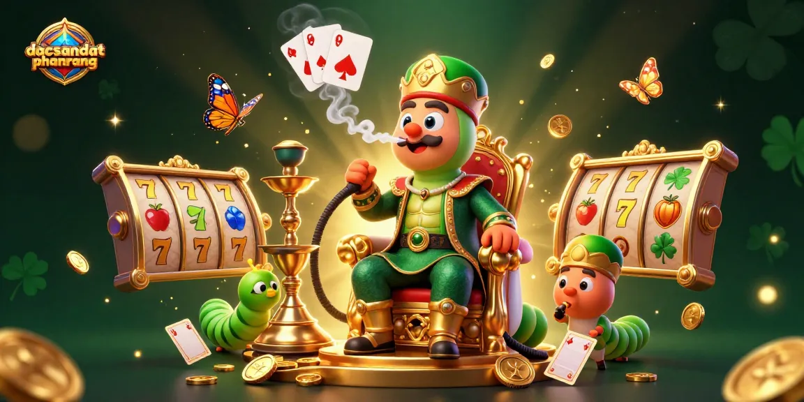 dacsandatphanrang showcases a vibrant 3D casino world with a caterpillar hookah-master, slot reels, golden coins, and dynamic elements.