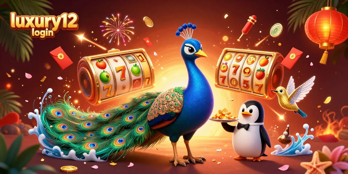 Engage with luxury12 login in this vibrant 3D casino scene featuring peacock and penguin characters