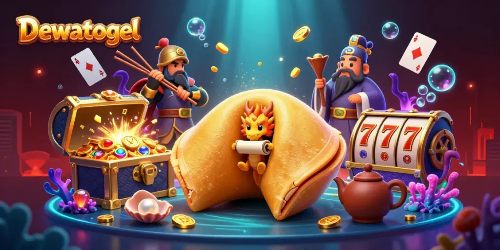 Dewatogel brings fortune to players in a magical 3D illustration with a lucky dragon and treasure.