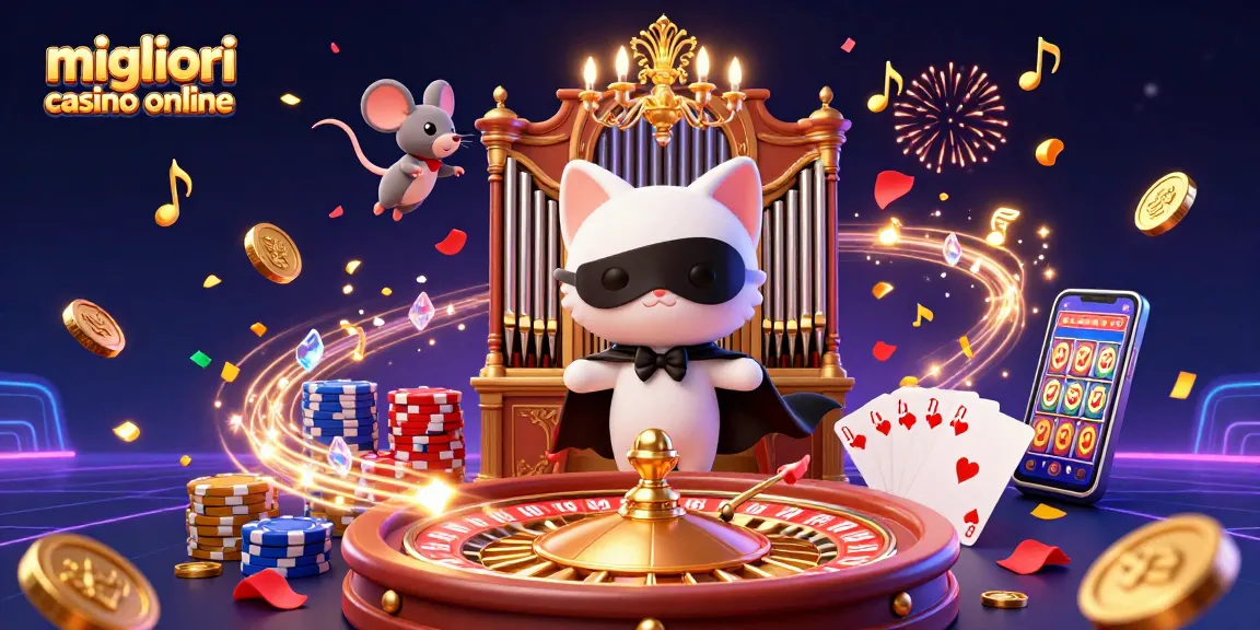 Scopri la magia dei migliori casino online con personaggi vivaci ed elementi da casino in questa entusiasmante illustrazione 3D.