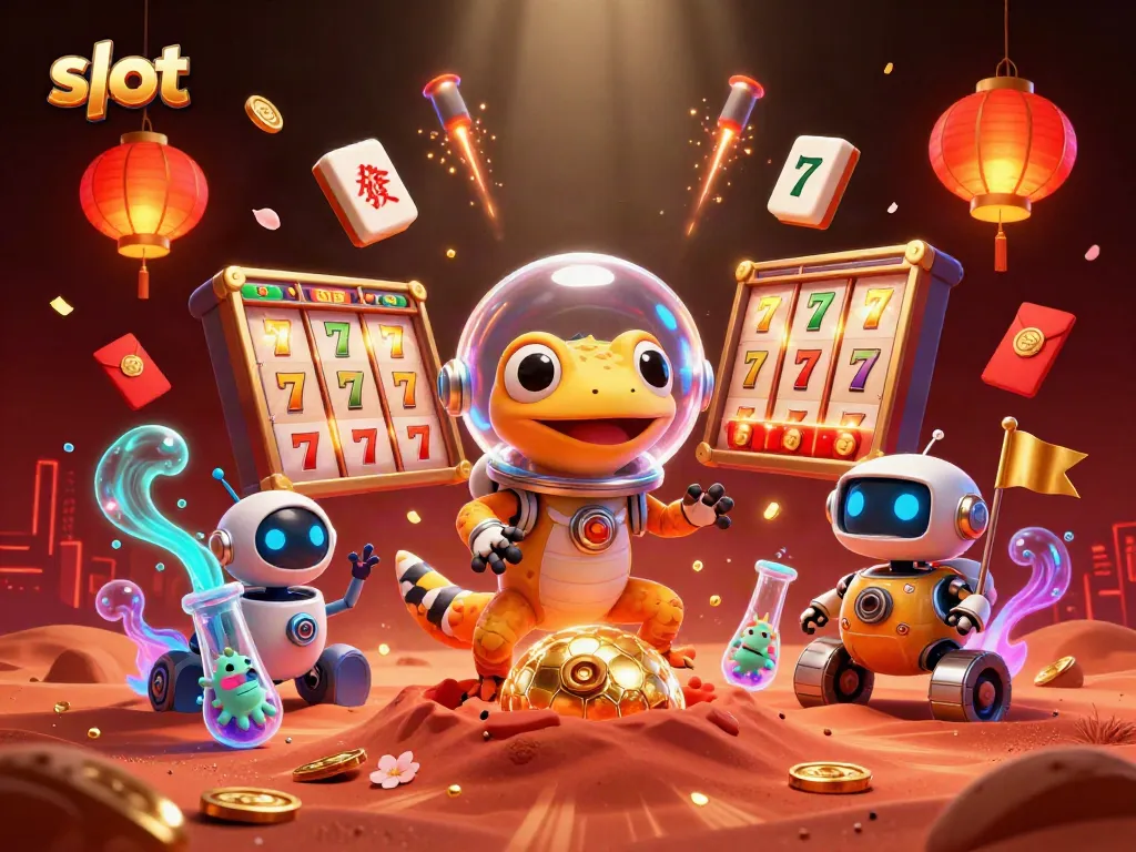 Engage in thrilling slot action as a Martian gecko celebrates at a golden casino.
