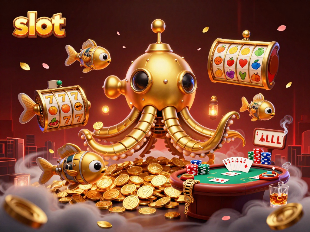 Spin the slot reels with the golden kraken and jackpot treasures in this vibrant casino scene.