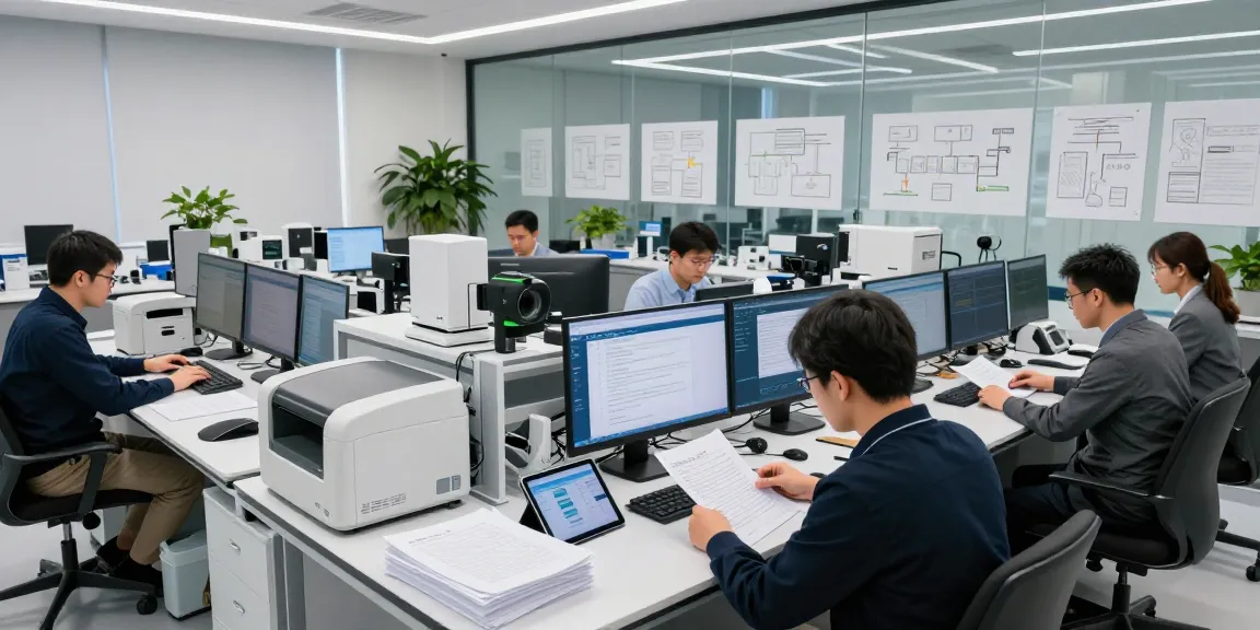 Experts performing document fraud detection analysis with AI tools in a modern lab.