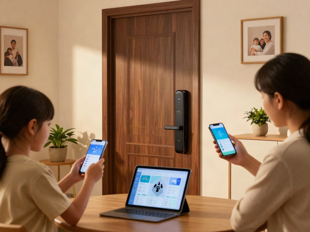 خرید قفل هوشمند with a family engaging with smart home technology in a modern home setting, highlighting security and convenience.