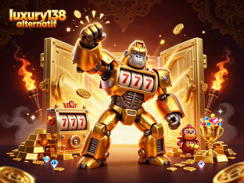 Gorila emas mech dan simbol slot merepresentasikan strategi perjudian luxury138 alternatif yang menarik perhatian.