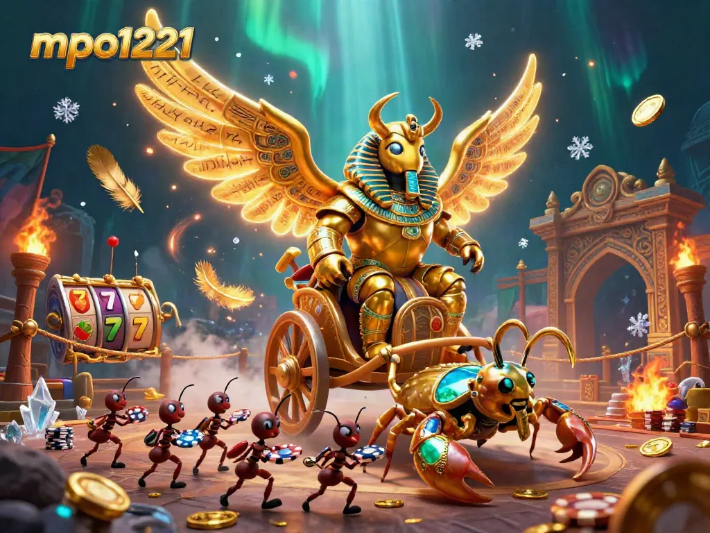 MPO1221 gaming action scene with a colossal scarab beetle and vibrant slot elements for immersive casino entertainment.