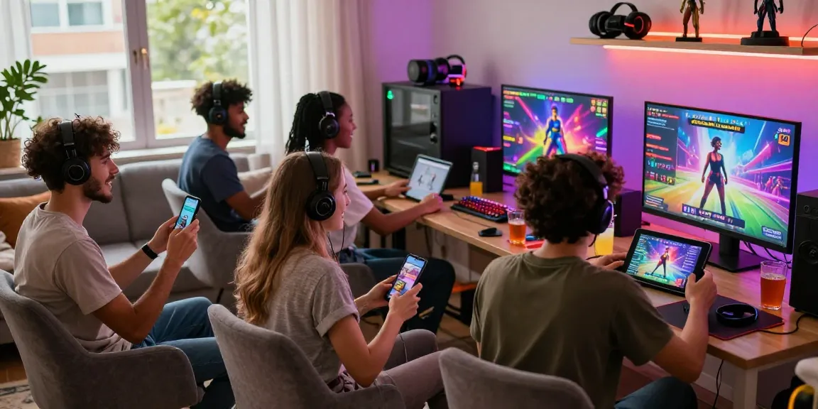Friends enjoying porngames together with smartphones and a tablet in a lively gaming setting.