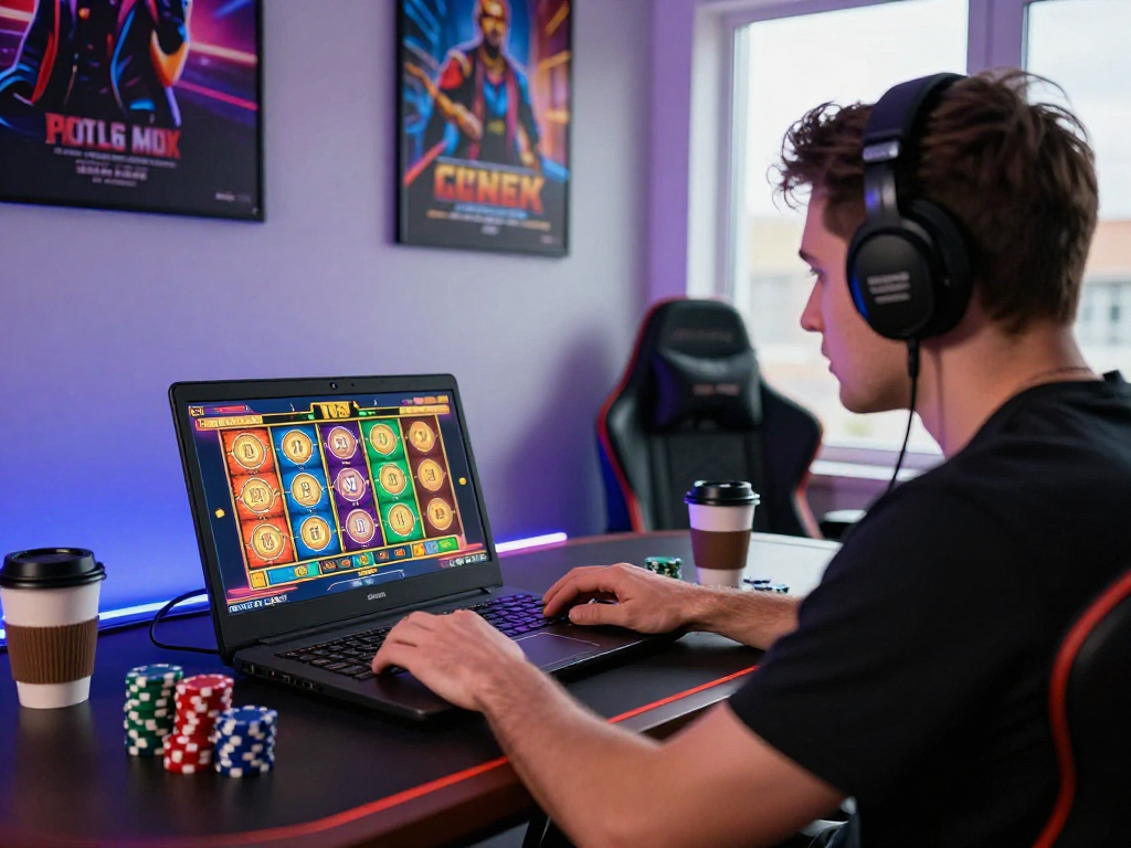 Player enjoying agen gacor on laptop in vibrant gaming setup with colorful slot graphics