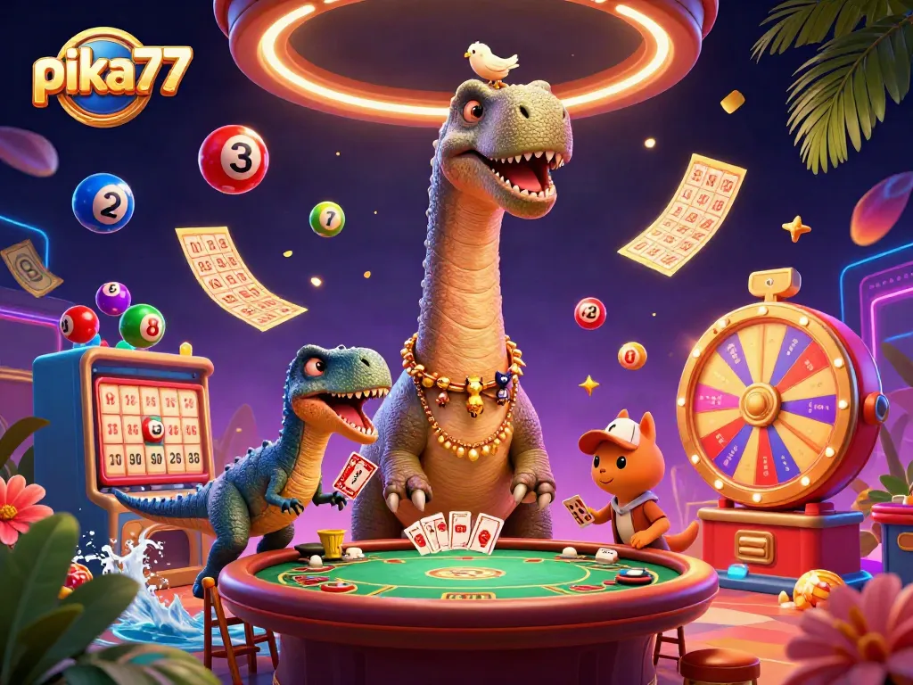 Engage in thrilling gameplay with pika77, featuring a giant brontosaurus and raptor dealer in a lively casino scene.