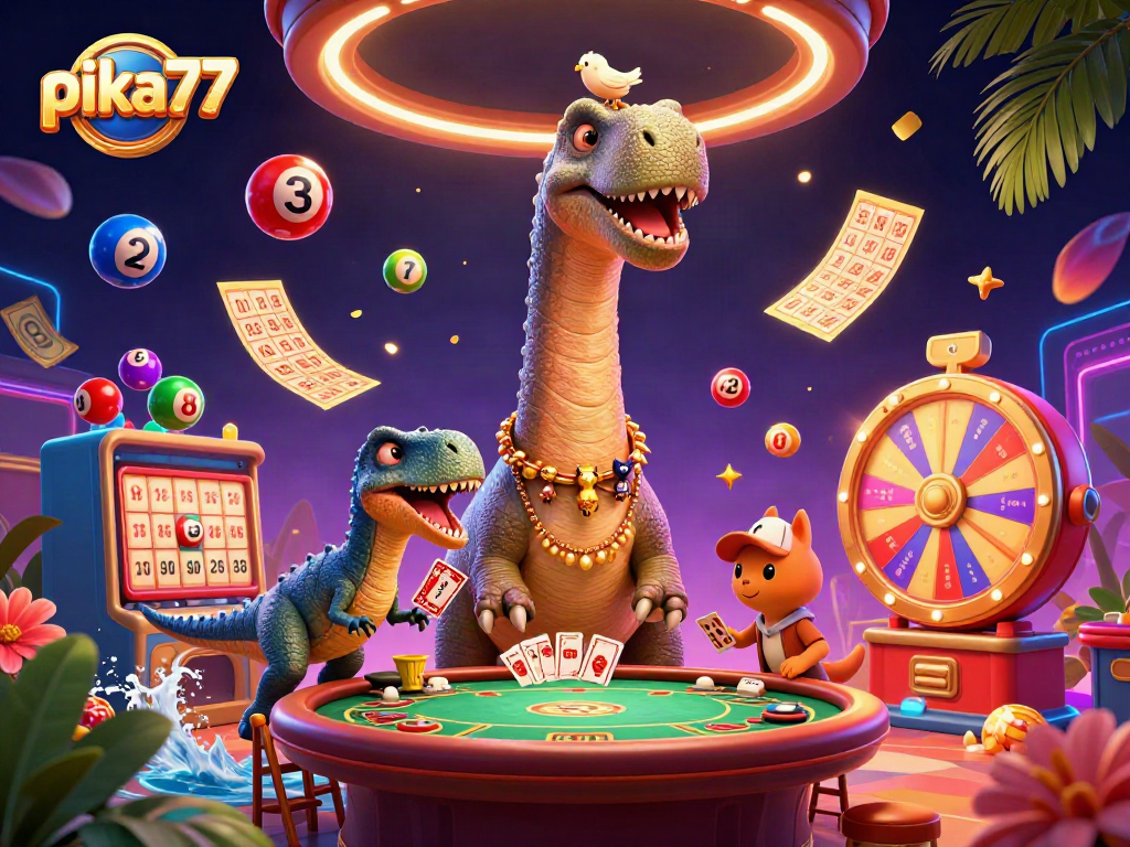 Engage in thrilling gameplay with pika77, featuring a giant brontosaurus and raptor dealer in a lively casino scene.
