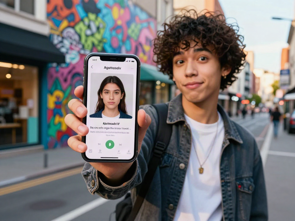 How old do I look? Fun moment with a young person using a facial age estimator app in a vibrant urban setting.