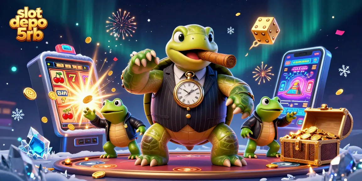 Spin to win at slot depo 5rb with a vibrant casino scene bursting with fun and excitement.