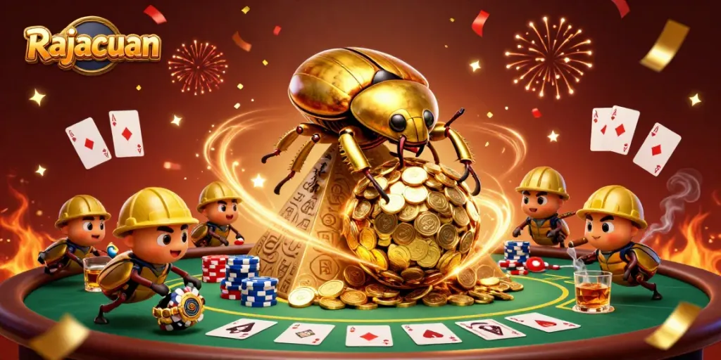 Rajacuan showcases a golden beetle rolling coins, astonishing casino symbols surround the dynamic scene.
