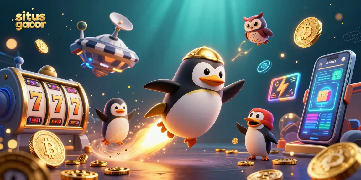 Experience the excitement of situs gacor with vibrant casino elements and a golden penguin in a space adventure.