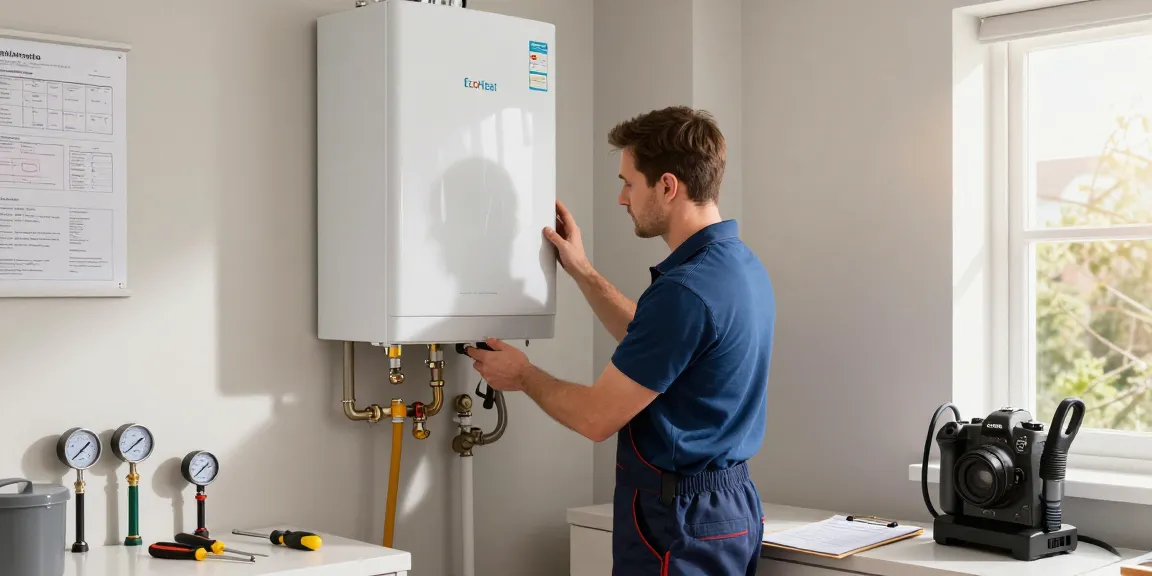 Expert engineer performing boiler servicing in Belfast, showcasing precision and professionalism with tools and warm utility room.