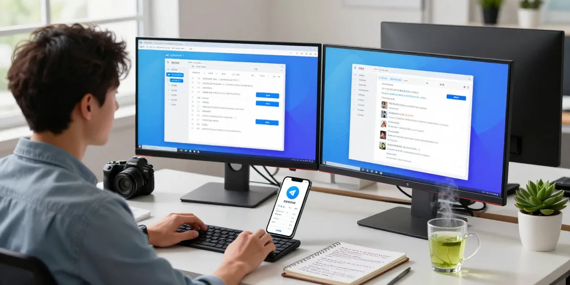 Seamless configuration of Telegram Chinese 2026 on dual monitors showcasing language options and app tutorials in a modern tech workspace.