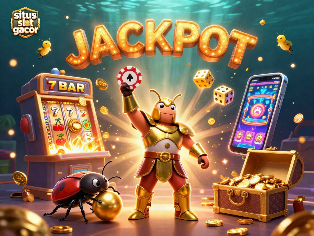 Experience the thrill of the situs slot gacor with a cartoon beetle in golden armor lifting chips amidst jackpot excitement.