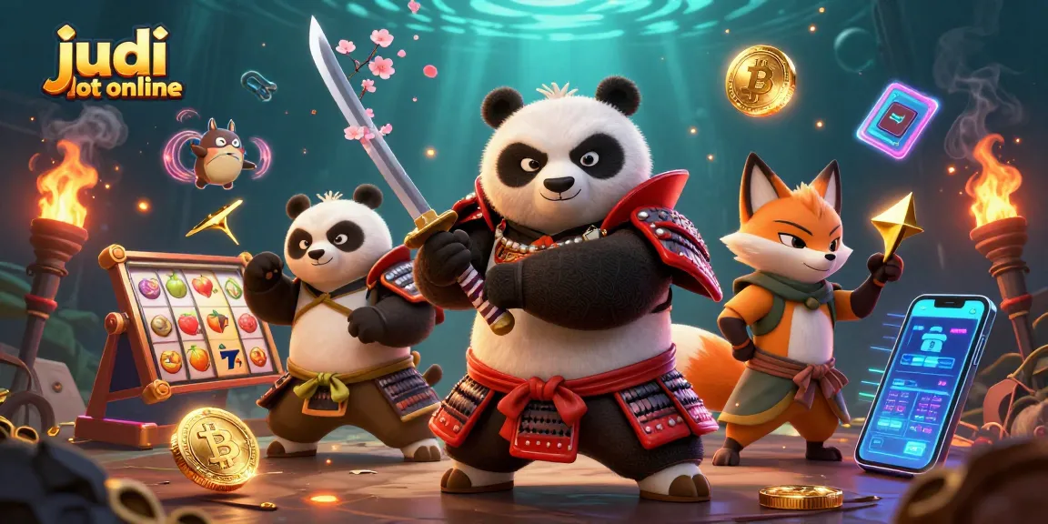 Permainan judi slot online dengan panda samurai dan ninja rubah dalam ilustrasi 3D yang dinamis.