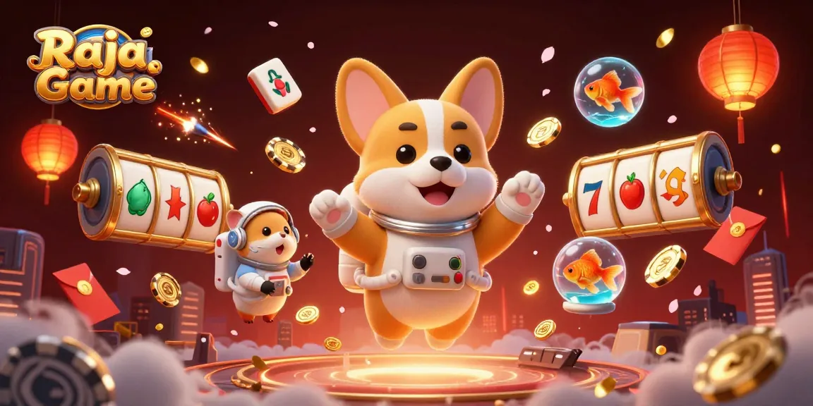 Experience the thrill of Raja Game with an astronaut corgi in a vibrant casino scene filled with slot machines and golden coins.