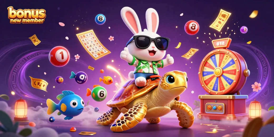 Engage with bonus new member rewards in this vibrant, 3D casino-themed scene of a lucky rabbit and turtle.