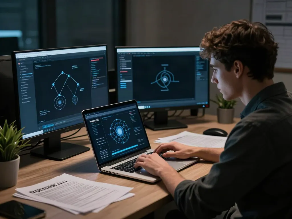 Accessing hidden wiki 1 in a tech workspace, with cybersecurity notes and glowing screens.