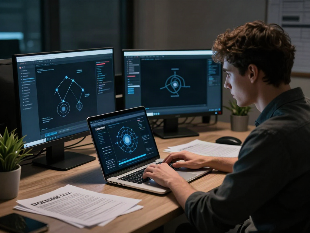 Accessing hidden wiki 1 in a tech workspace, with cybersecurity notes and glowing screens.