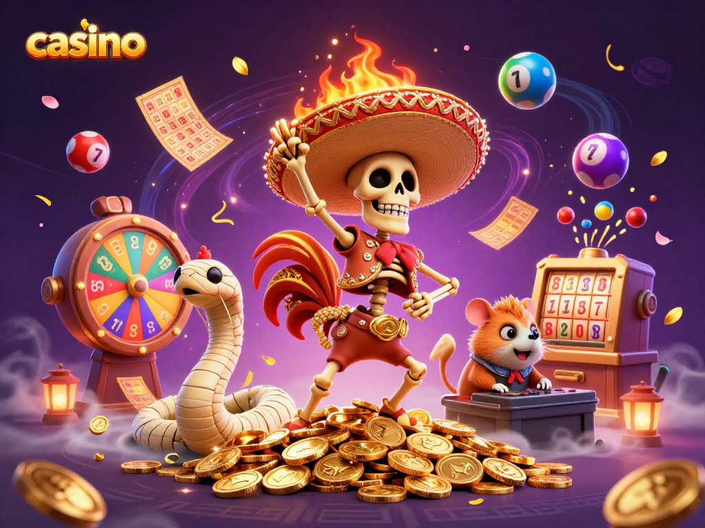 Engaging casino scene with a mariachi rooster celebrating amidst colorful lottery balls and prizes.
