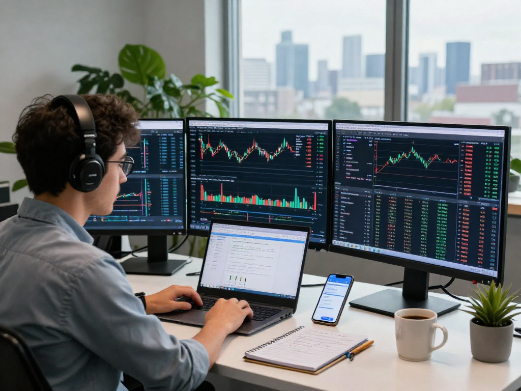 TradingView charts displayed on a trader's dual monitors in a modern office setup, illustrating financial analytics.