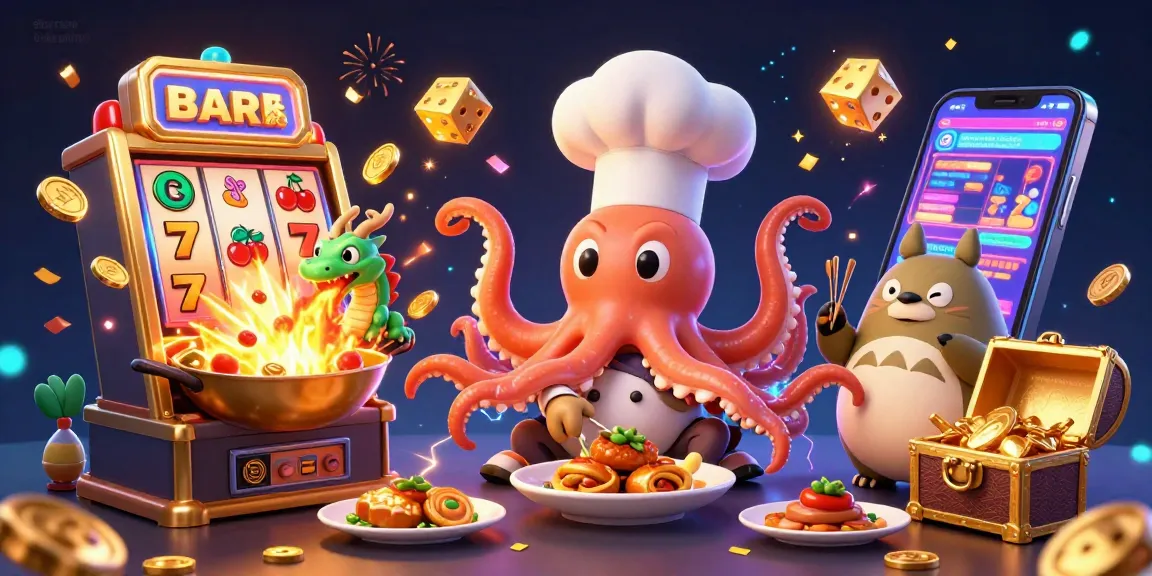 Savor exciting wins at situs resmi bola online with a playful octopus chef and dragon in a vibrant casino scene.