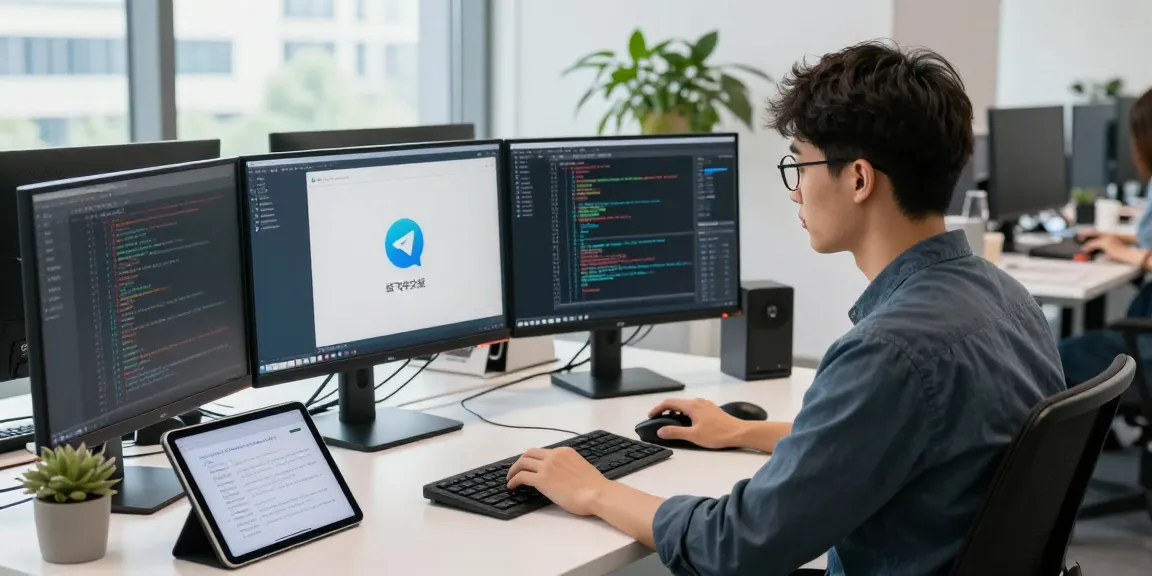 Developer coding the Telegram app (纸飞机中文版) in a modern workspace with dual monitors and natural light.