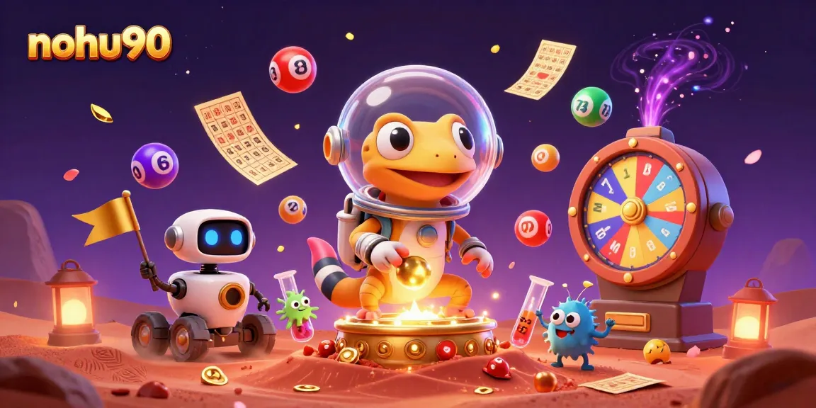 Nohu90 engages in thrilling casino adventures with a Martian gecko amidst a vibrant lottery scene.