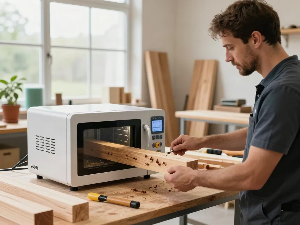 SHASHEL® microwave equipment in action for effective wood-boring insect elimination in a bright workshop setting.