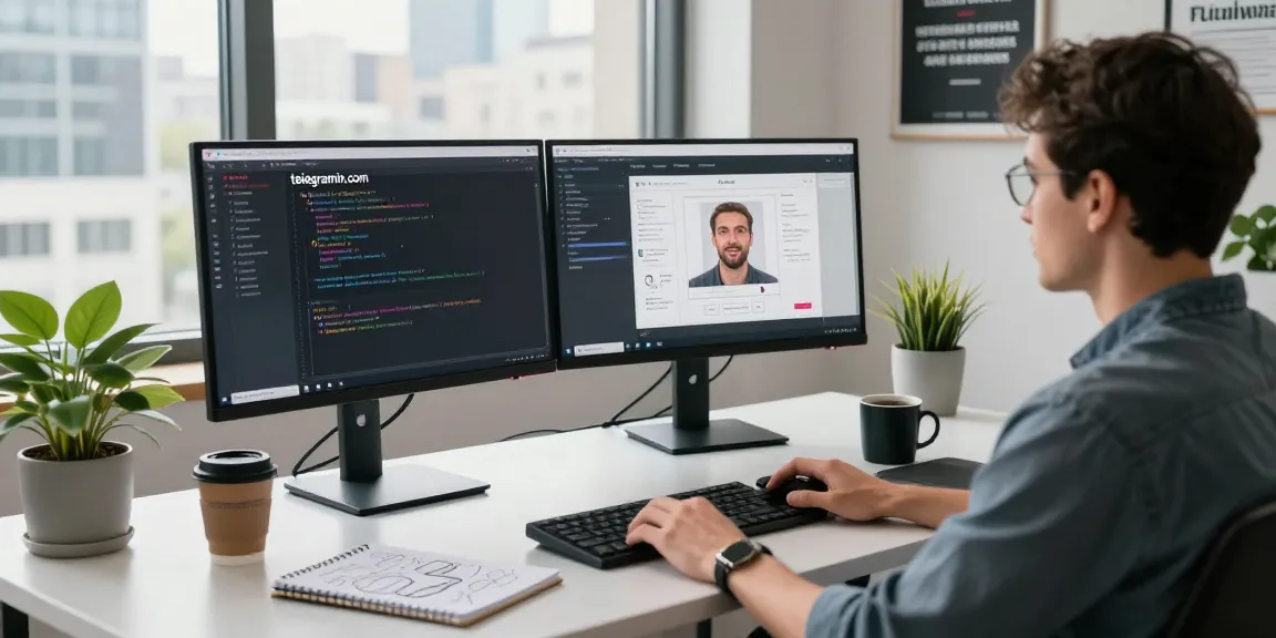 Developer coding at a modern workspace for teiegramin.com, showcasing productivity and technology.