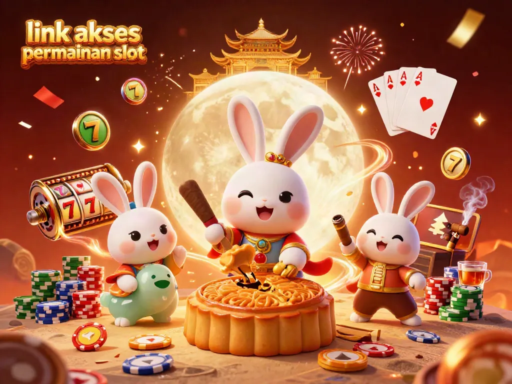 Menampilkan link akses permainan slot yang stylish dalam ilustrasi festival dengan karakter 3D dan elemen kasino.