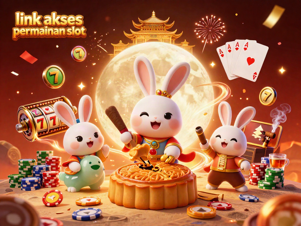 Menampilkan link akses permainan slot yang stylish dalam ilustrasi festival dengan karakter 3D dan elemen kasino.