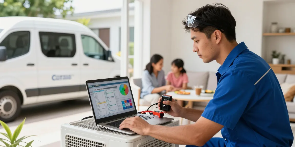 HVAC SEO company technician diagnosing heating system in urban home environment.