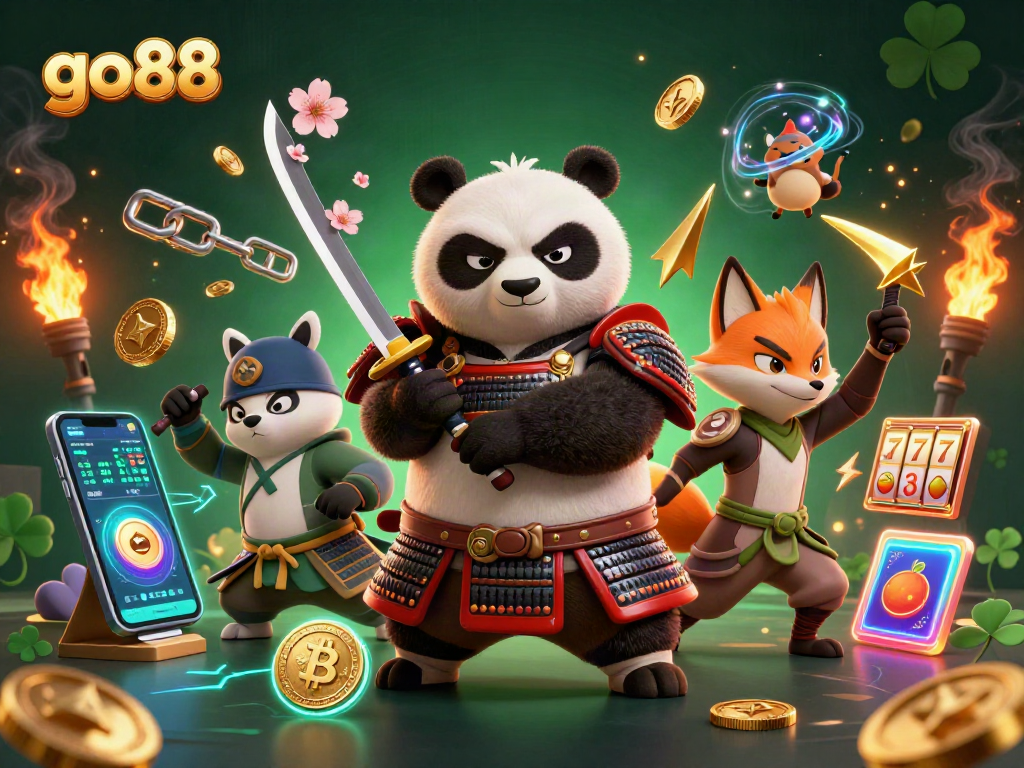 Engage in thrilling adventures with go88 as the fierce panda and ninja fox showcase their skills amidst a vibrant casino atmosphere.